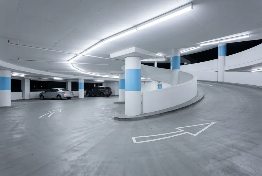 Generated scene: the inside of an empty multi-storey parking garage at night, a ramp curving up past columns with light-blue bands and painted arrows on the floor.
