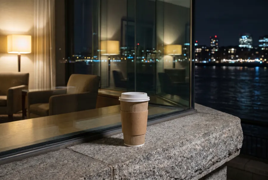 Generated scene: a paper coffee cup on a stone window ledge at night, a hotel lounge reflected in the glass and city lights across a dark river.